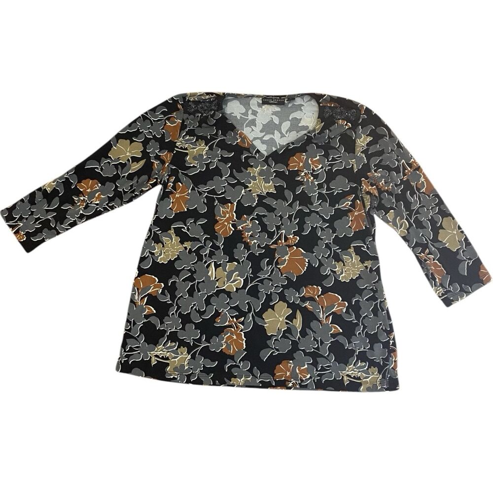 Susan Graver Artisan Brown Black Gray Stretch Beaded V Neck 3/4 Sleeve Blouse M